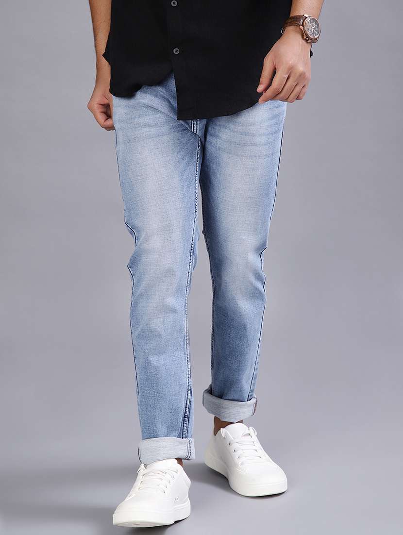 men washed mid rise full length jeans