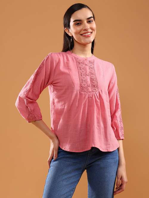 women solid three quarter sleeve lace detailed kurti - 21978132 -  Standard Image - 0