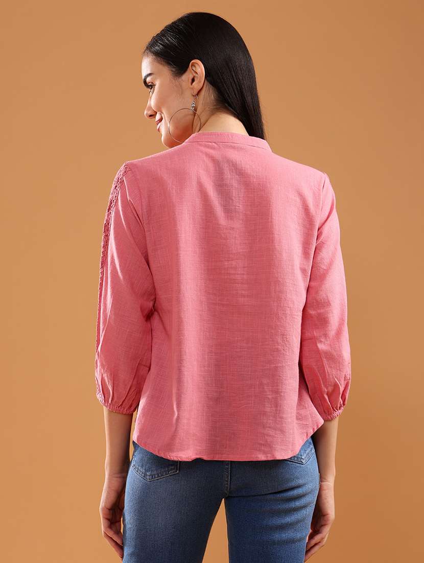 women solid three quarter sleeve lace detailed kurti - 21978132 -  Standard Image - 3