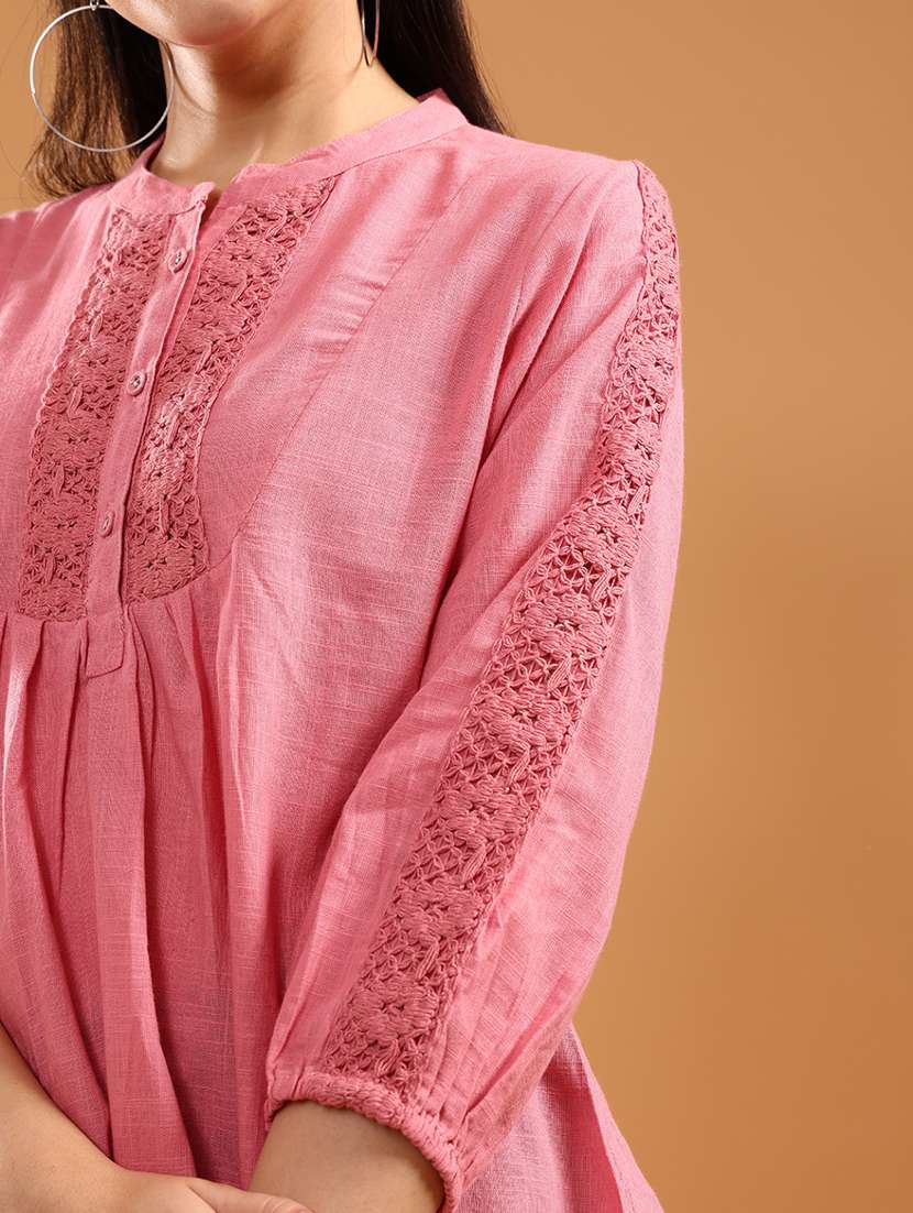 women solid three quarter sleeve lace detailed kurti - 21978132 -  Standard Image - 5