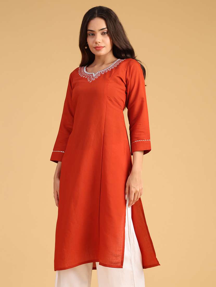 women embroidered three quarter sleeve straight kurta