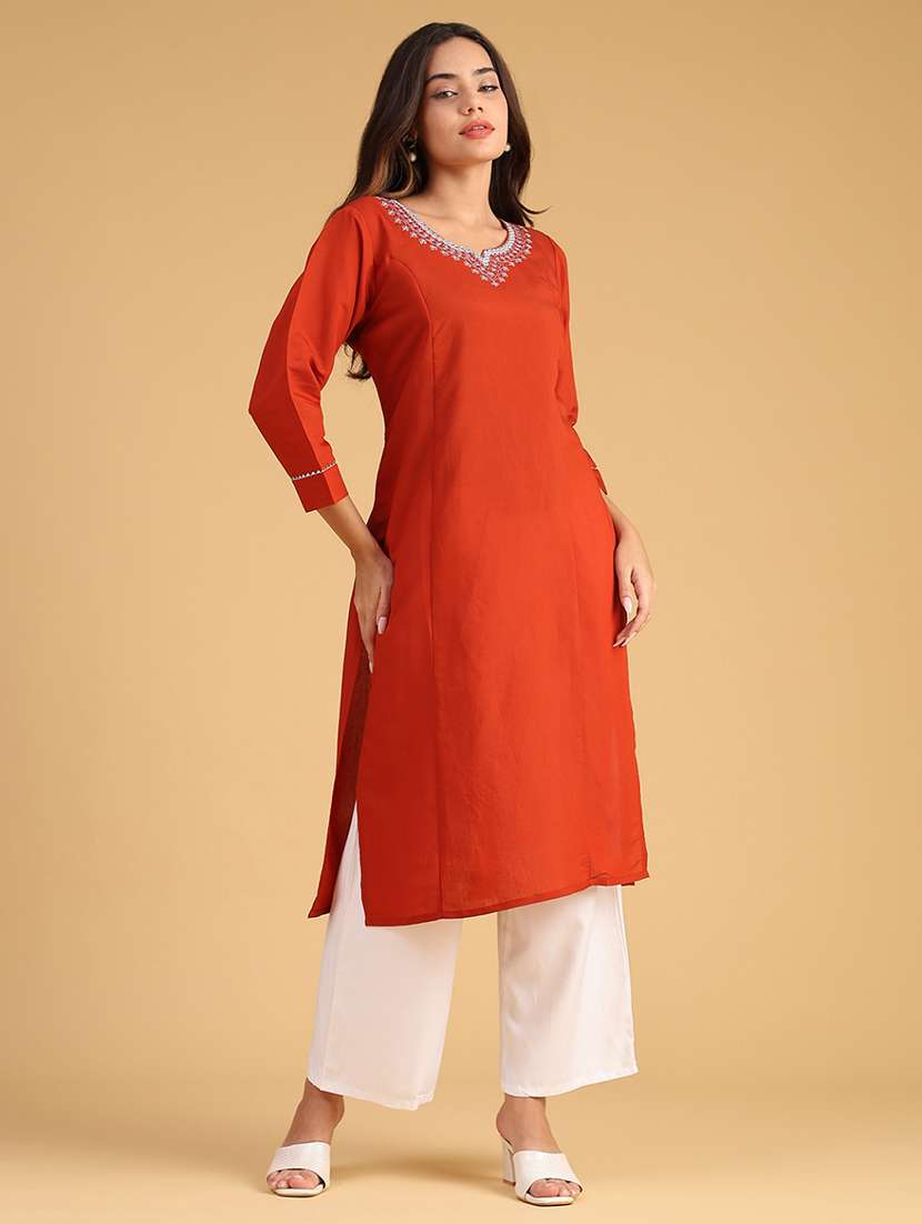 women embroidered three quarter sleeve straight kurta - 21978154 -  Standard Image - 3