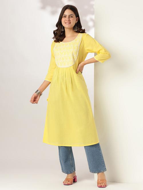 women solid with work three quarter sleeve a-line kurta - 21978438 -  Standard Image - 0
