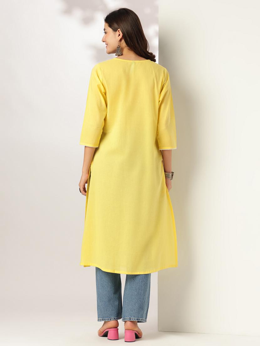 women solid with work three quarter sleeve a-line kurta - 21978438 - Standard Image - 3