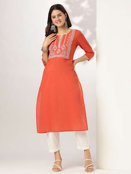 women solid with work three quarter sleeve straight kurta - 21978439 -  Standard Image - 0