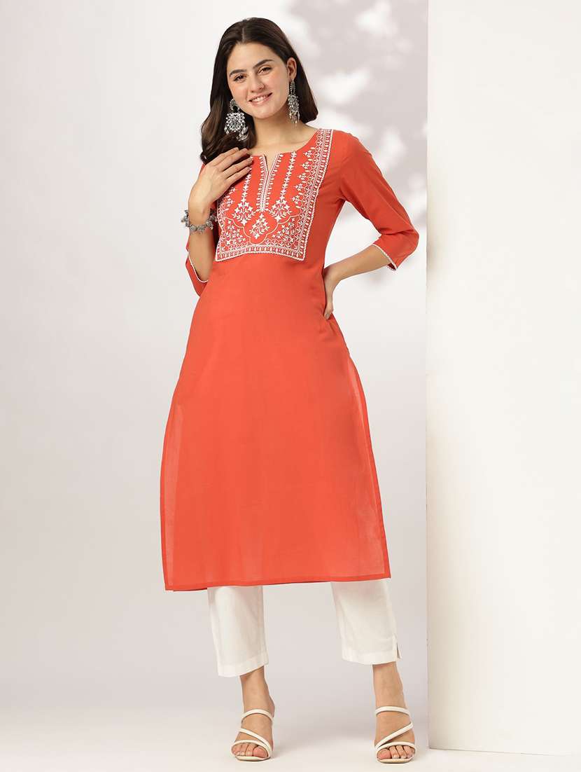 women solid with work three quarter sleeve straight kurta - 21978439 -  Zoom Image - 0