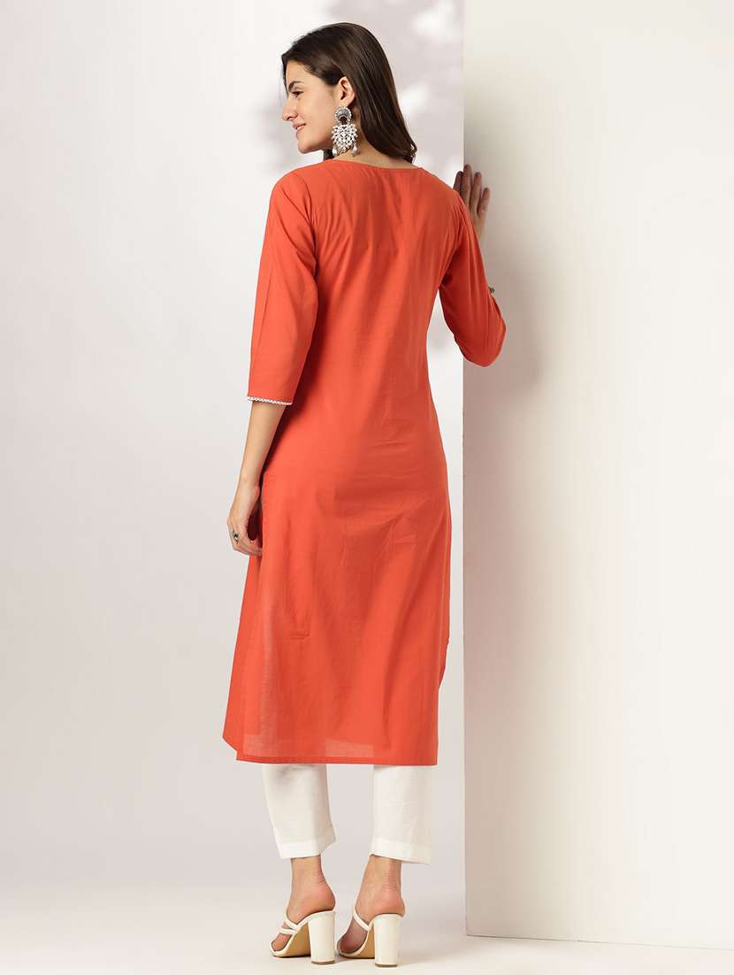 women solid with work three quarter sleeve straight kurta - 21978439 -  Standard Image - 3