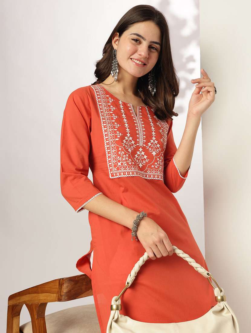 women solid with work three quarter sleeve straight kurta - 21978439 -  Standard Image - 5