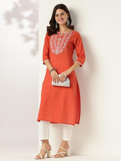 women solid with work three quarter sleeve straight kurta - 21978442 -  Standard Image - 0