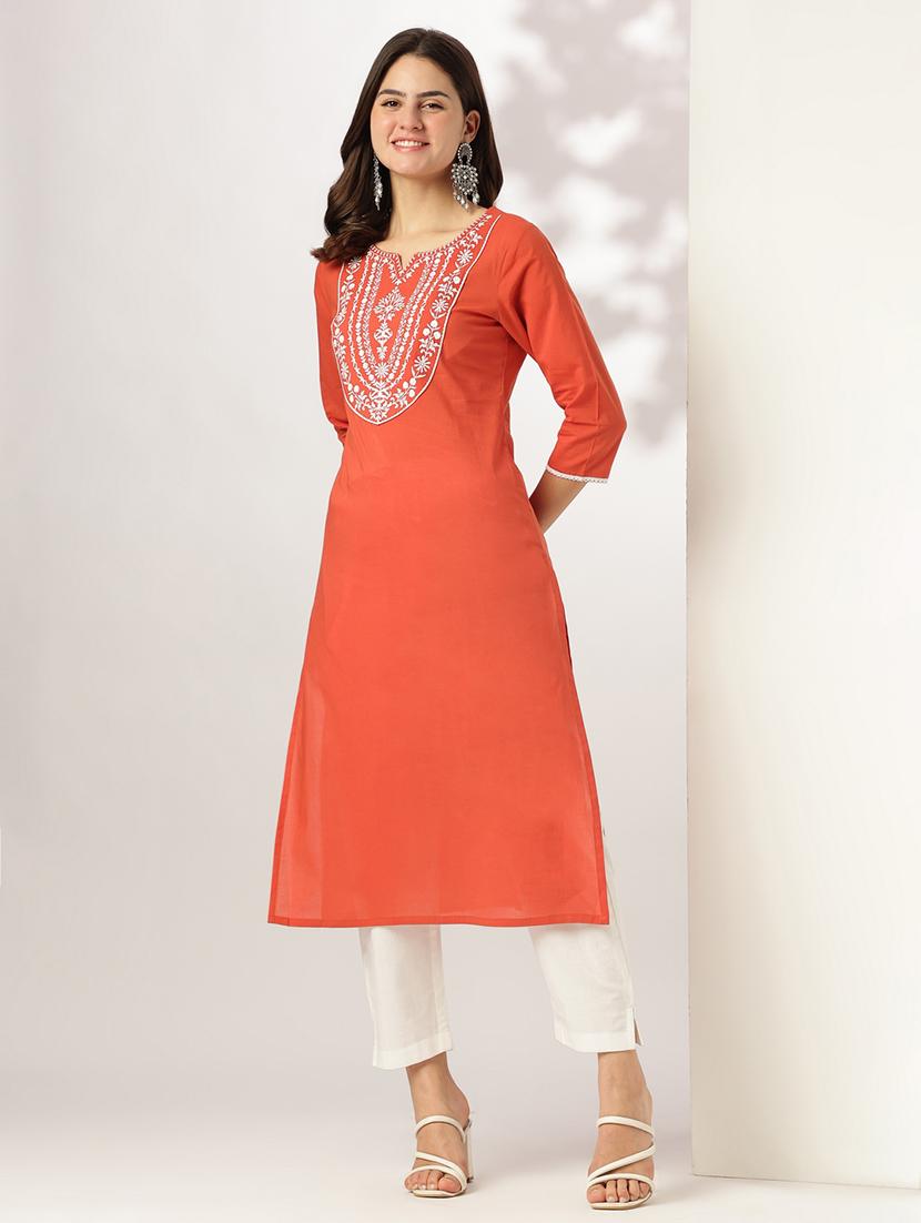 women solid with work three quarter sleeve straight kurta - 21978442 - Standard Image - 3