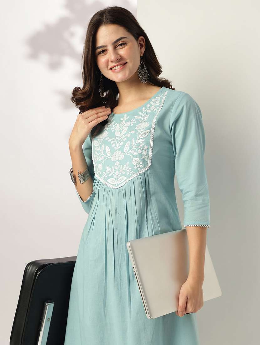 women solid with work three quarter sleeve a-line kurta - 21978444 -  Standard Image - 5