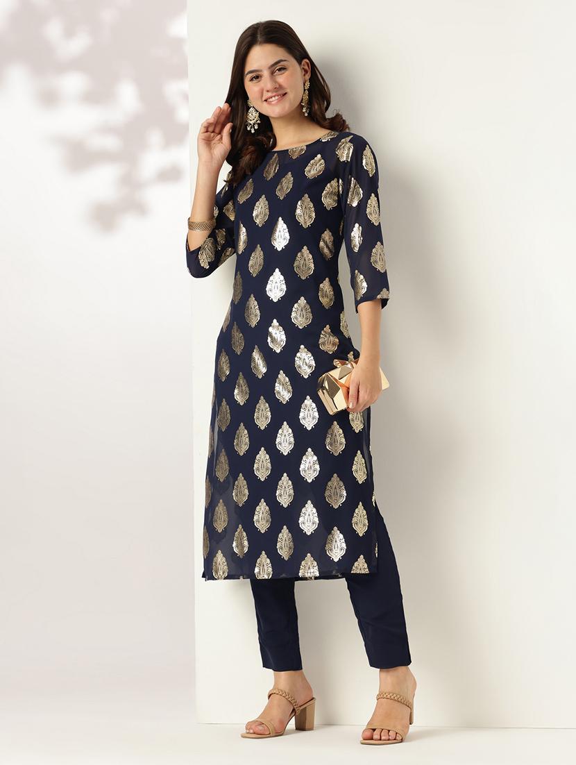 women foil print three quarter sleeve kurta pant with set - 21978461 - Zoom Image - 0
