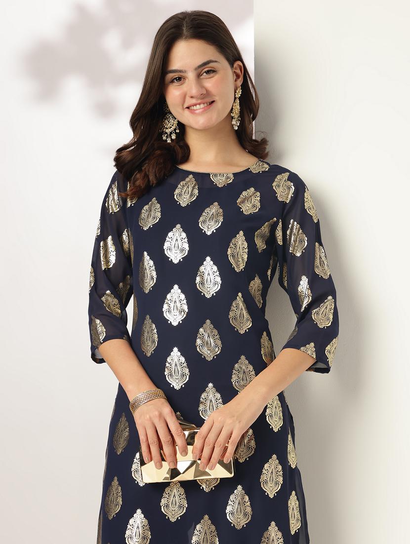 women foil print three quarter sleeve kurta pant with set - 21978461 - Standard Image - 3
