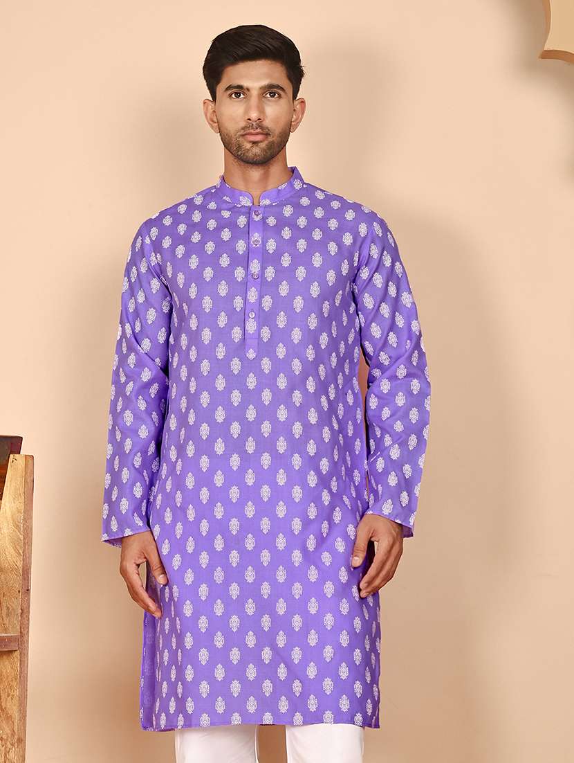 men printed mandarin neck long kurta