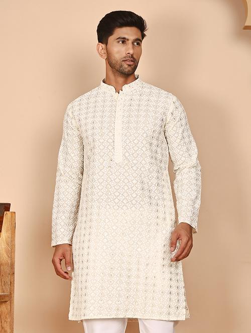 men embroidered mandarin neck long kurta - 21978476 -  Standard Image - 0