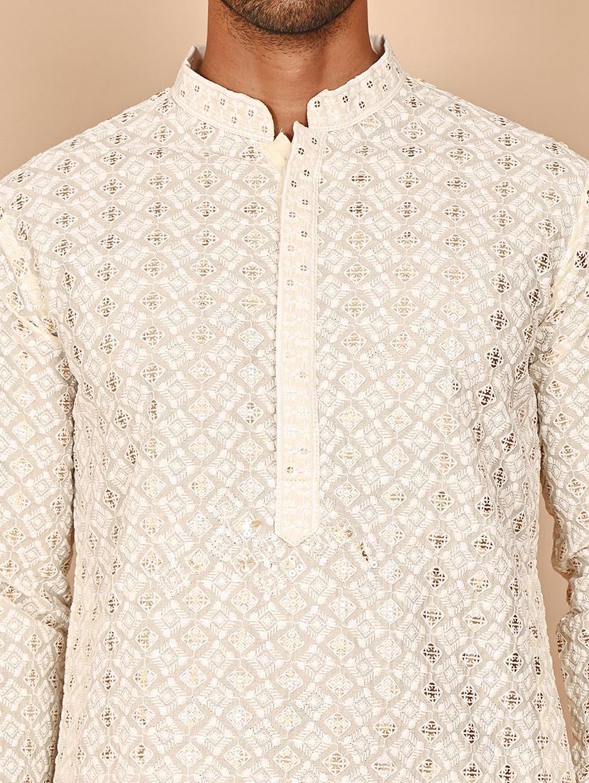 men embroidered mandarin neck long kurta - 21978476 - Standard Image - 3