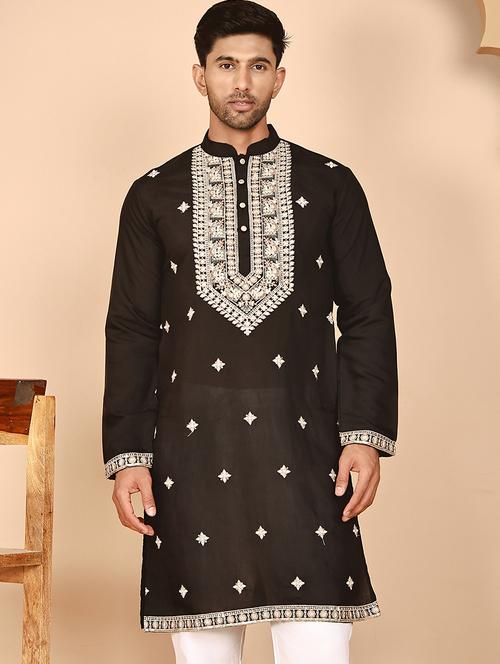 men embroidered mandarin neck long kurta - 21978478 - Standard Image - 0
