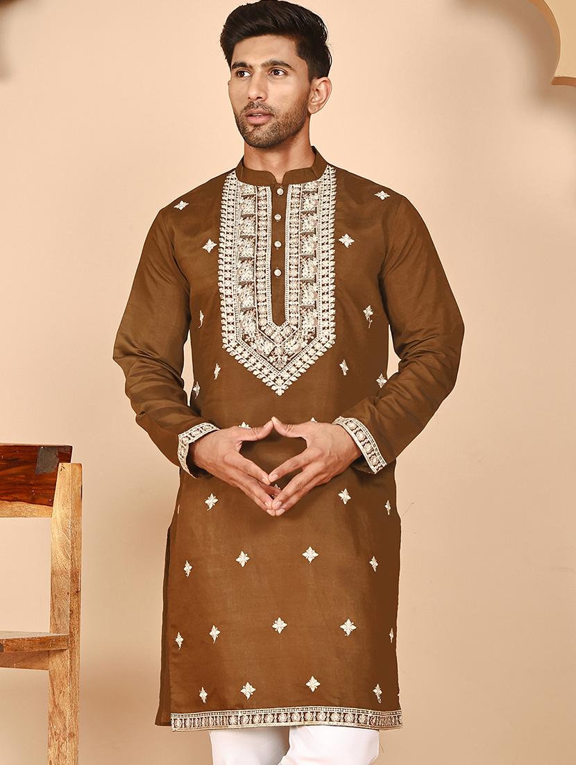 men embroidered mandarin neck long kurta - 21978479 - Zoom Image - 0