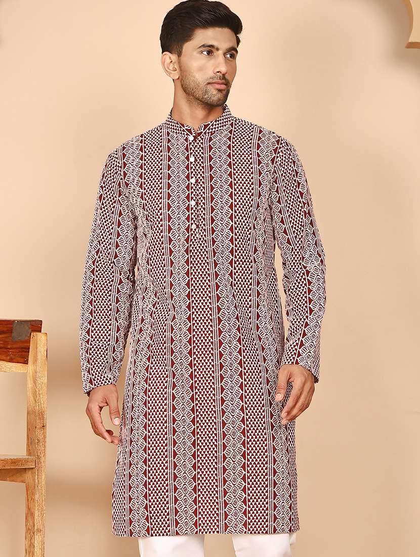 men embroidered mandarin neck long kurta - 21978480 -  Zoom Image - 0