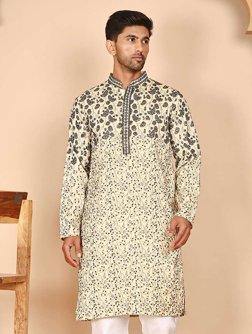 men embroidered mandarin neck long kurta