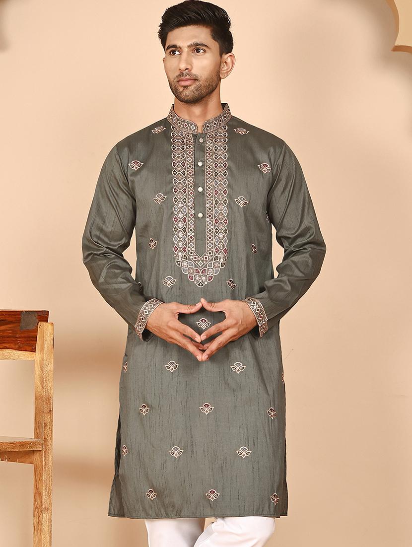 men solid with work mandarin neck long kurta - 21978494 - Zoom Image - 0