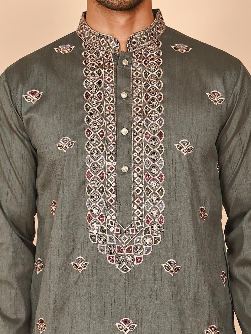 men solid with work mandarin neck long kurta - 21978494 - Standard Image - 3