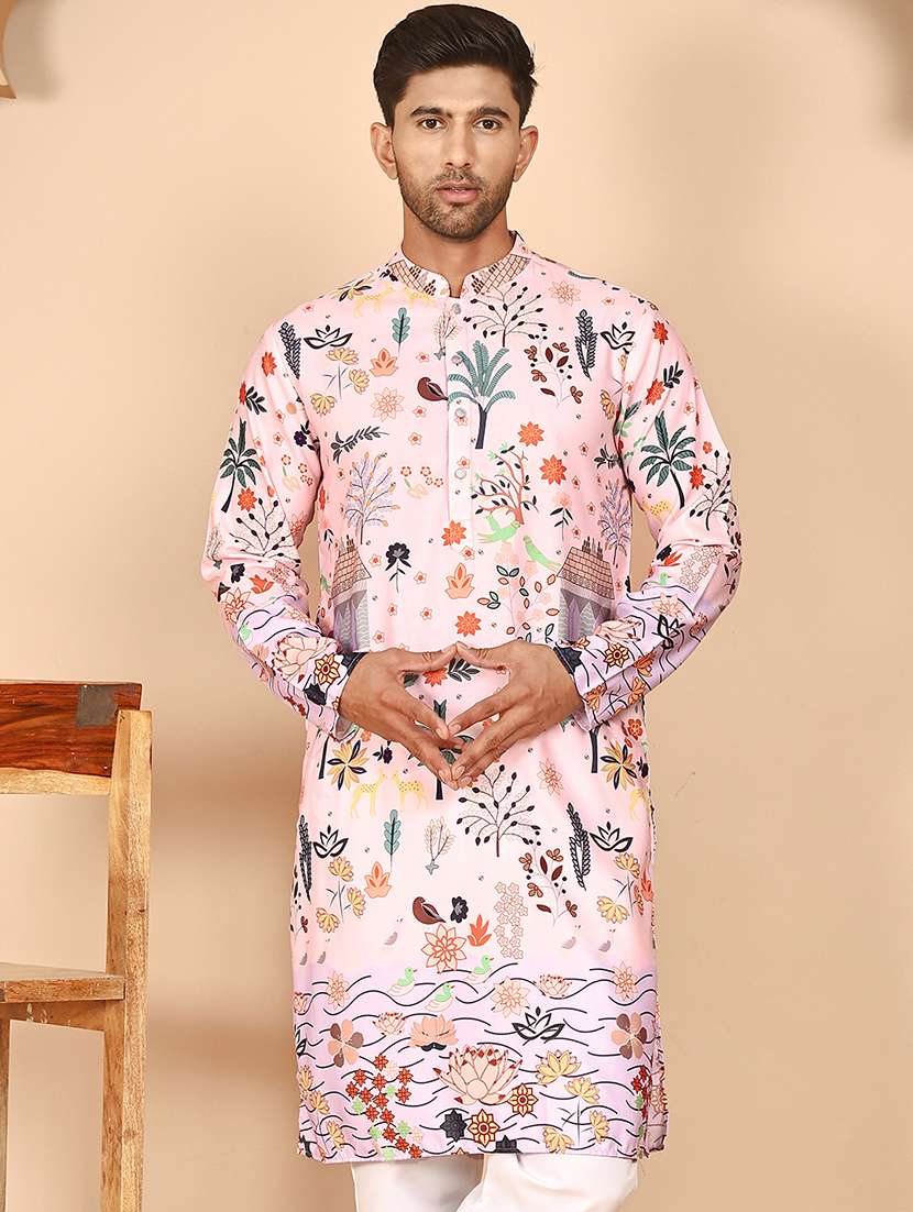 men floral printed mandarin neck long kurta