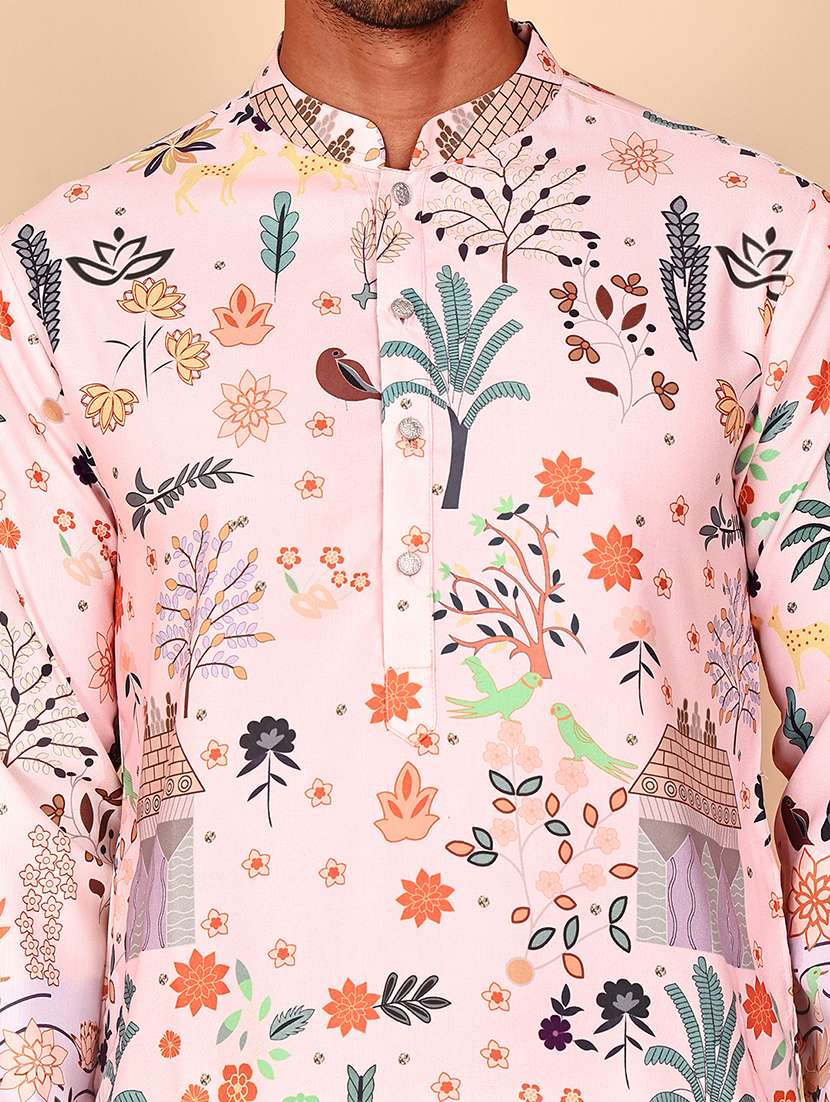 men floral printed mandarin neck long kurta - 21978496 -  Standard Image - 3