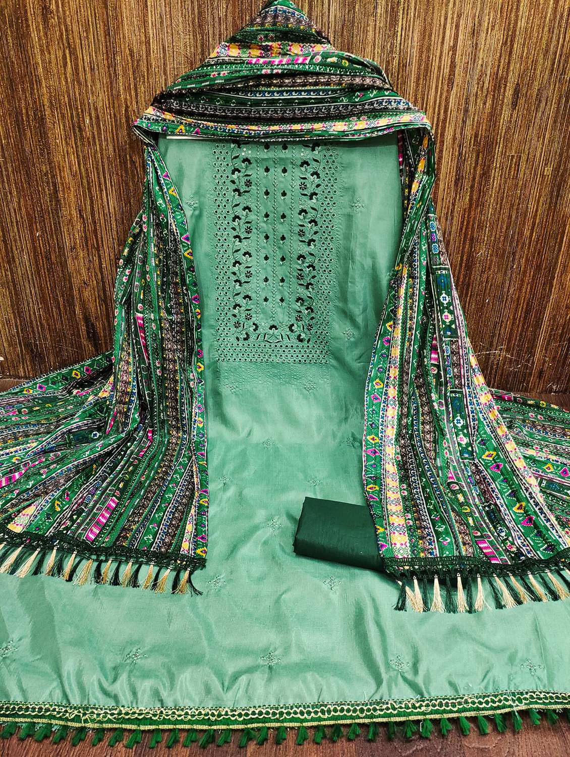 women solid with work embroidered unstitched suit set