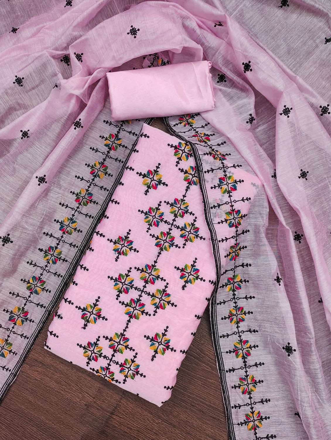 women solid with work embroidered unstitched suit set