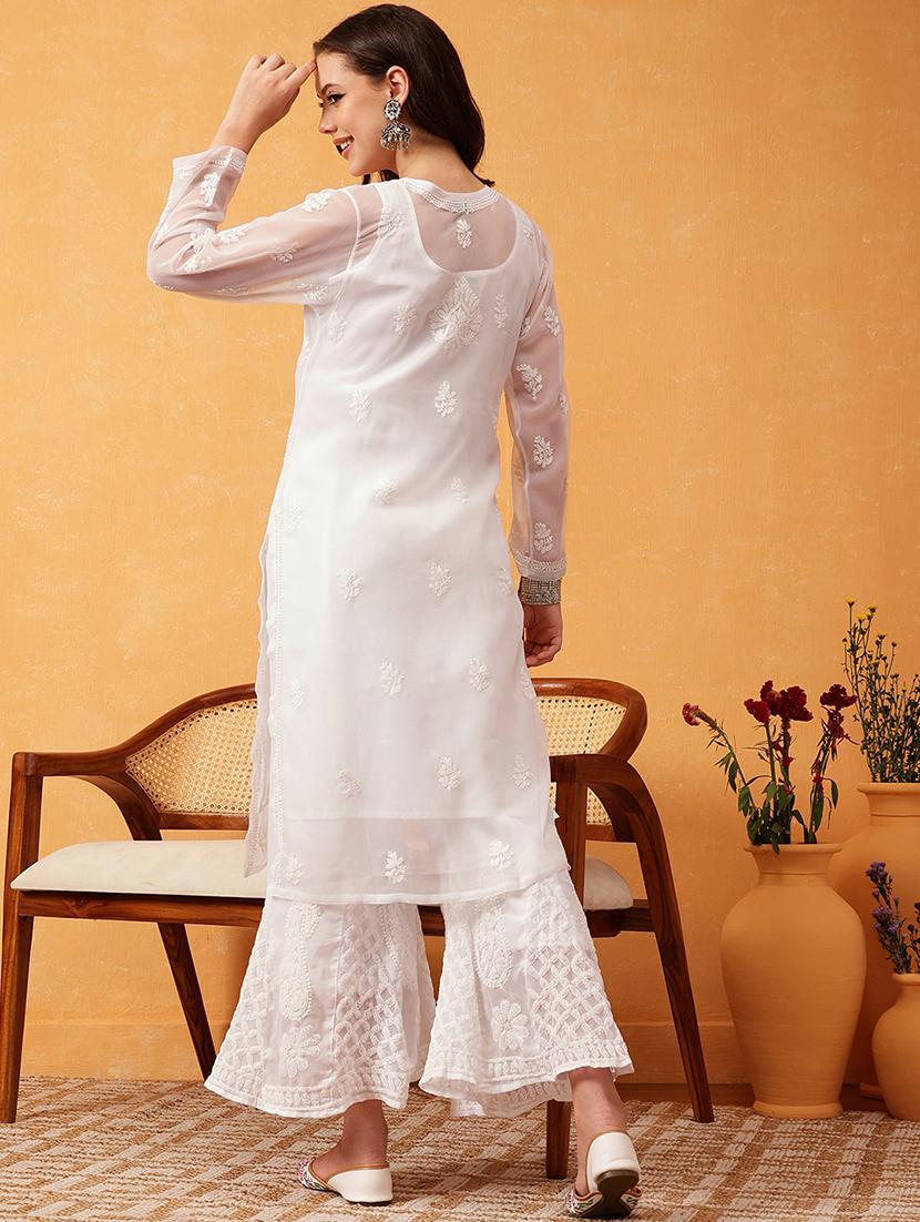 women chikankari long sleeve kurta palazzo set - 21978552 - Standard Image - 3