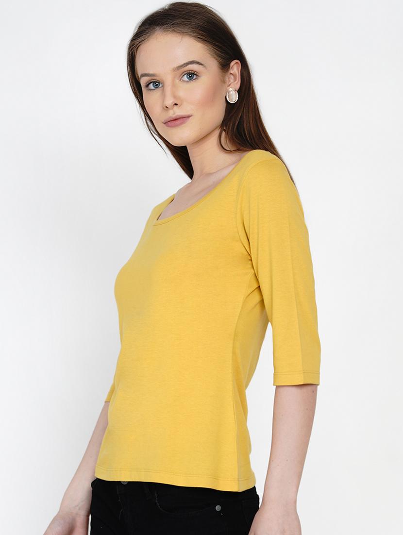 women yellow solid round neck regular top - 21978565 - Standard Image - 3