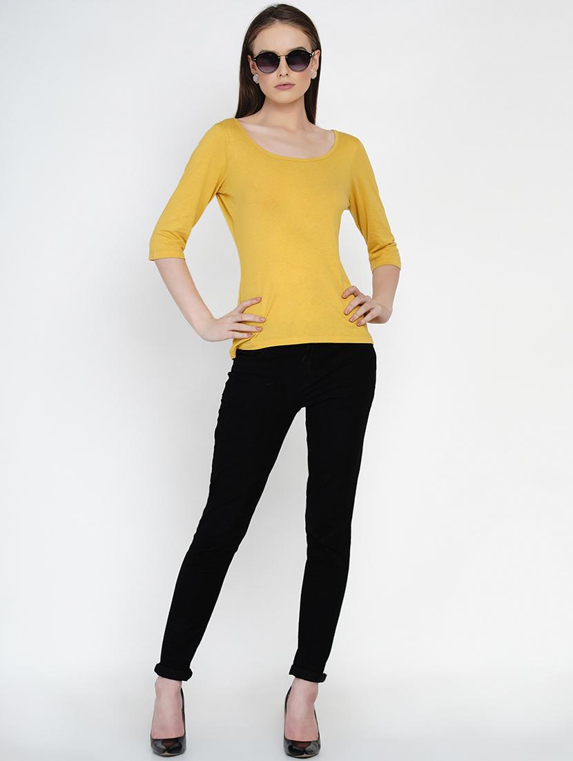 women yellow solid round neck regular top - 21978565 - Standard Image - 5