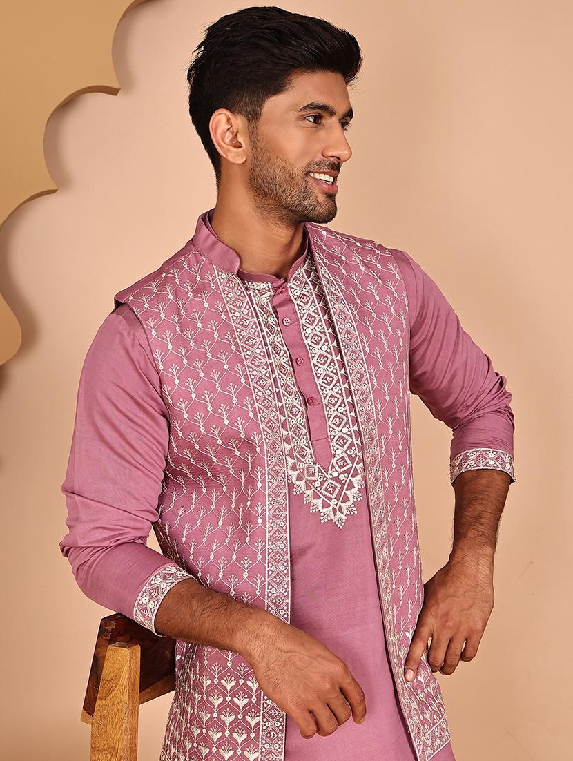 men mandarin neck kurta pyjama with jacket ethnic wear set - 21978573 - Standard Image - 3