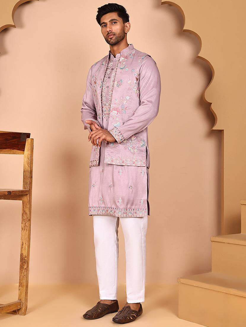 men mandarin neck kurta pyjama with jacket ethnic wear set - 21978575 - Zoom Image - 0