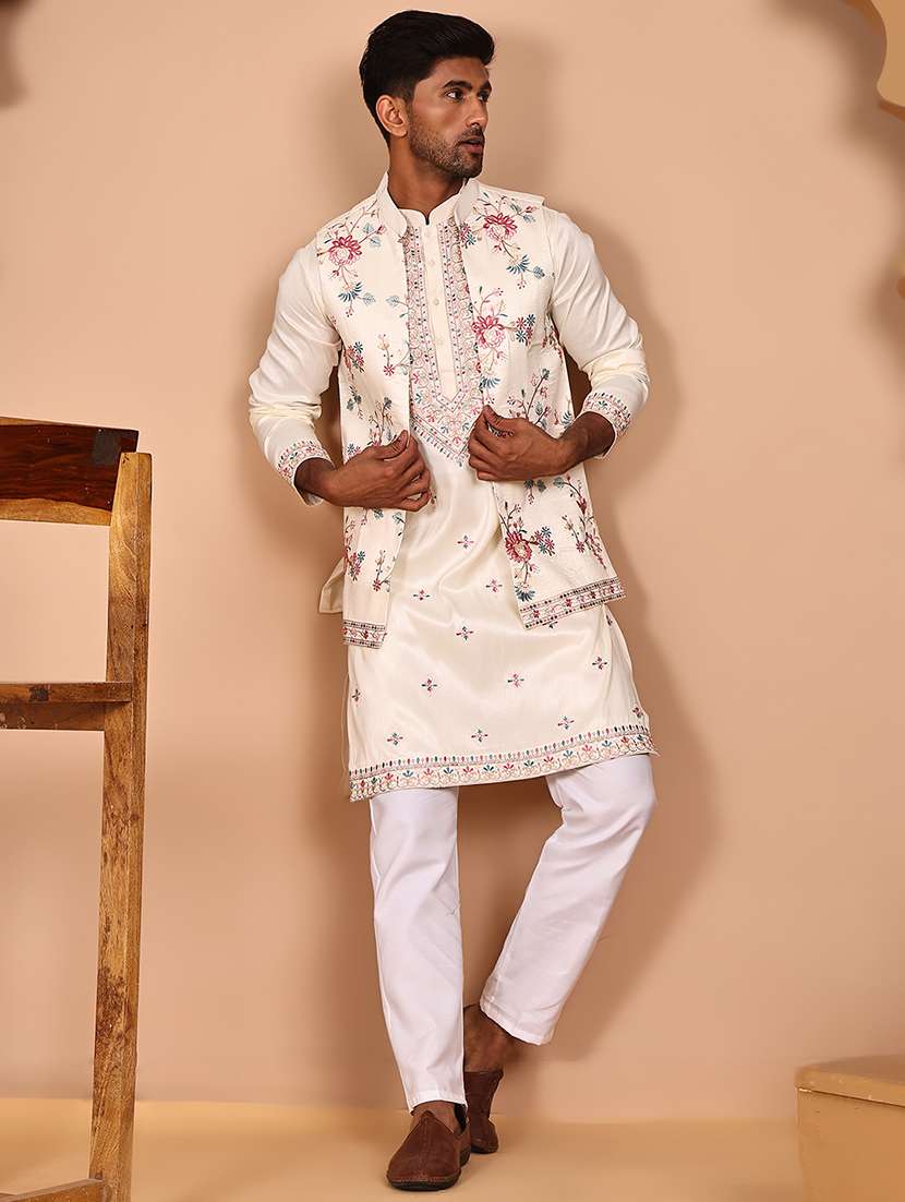 men mandarin neck kurta pyjama with jacket ethnic wear set