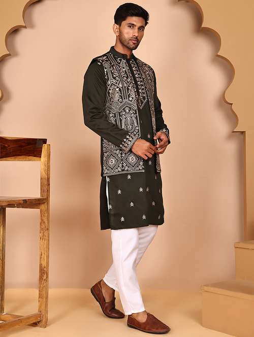 men mandarin neck kurta pyjama with jacket ethnic wear set - 21978580 -  Standard Image - 0