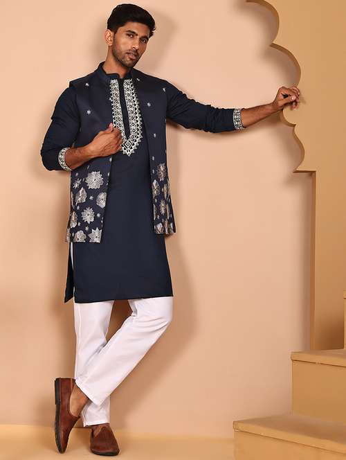 men mandarin neck kurta pyjama with jacket ethnic wear set - 21978581 -  Standard Image - 0