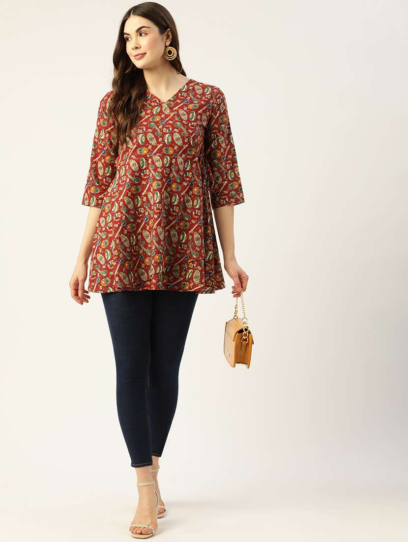 women printed three quarter sleeve angrakha kurti - 21978618 -  Standard Image - 3