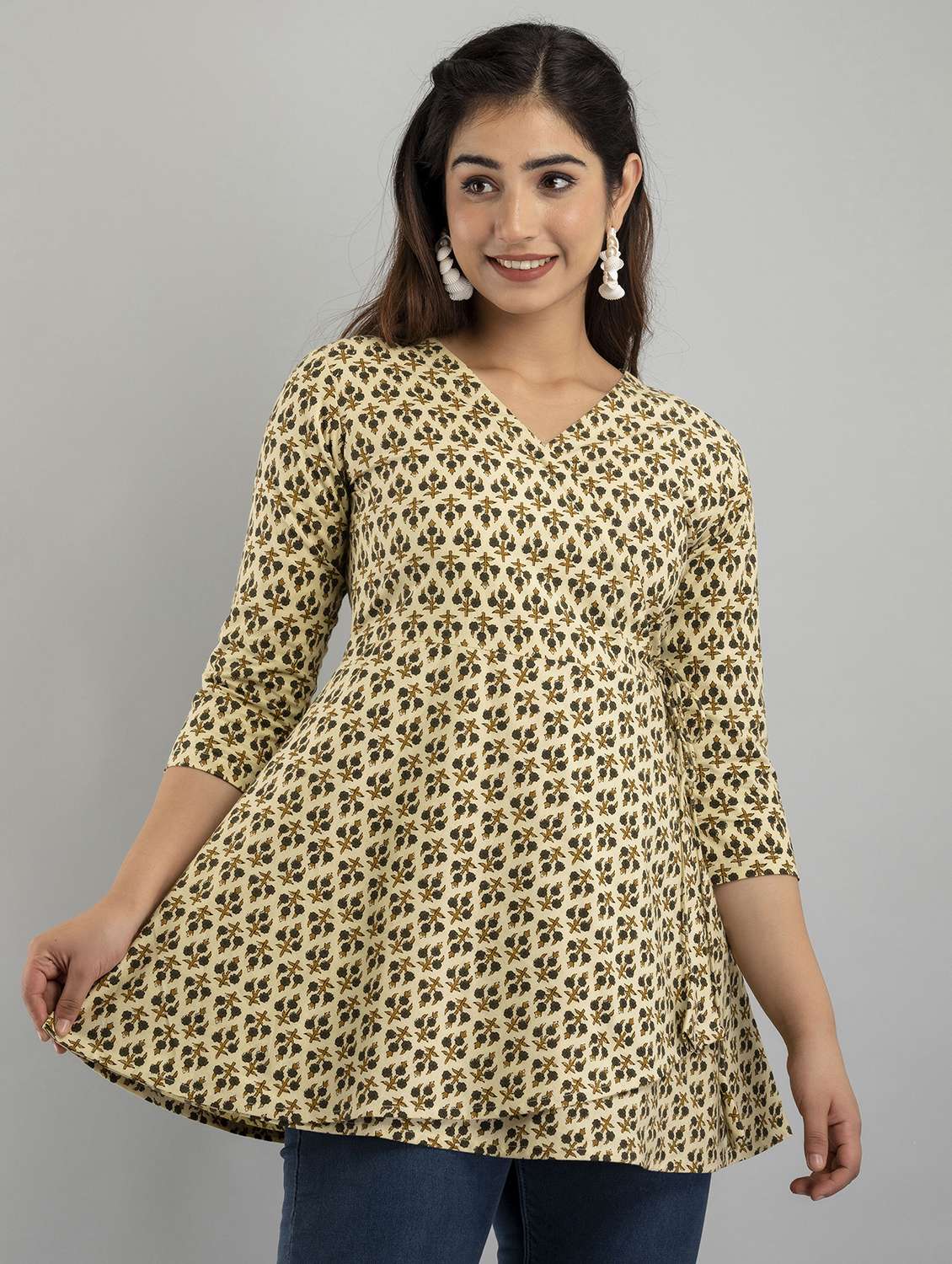 women printed three quarter sleeve angrakha kurti
