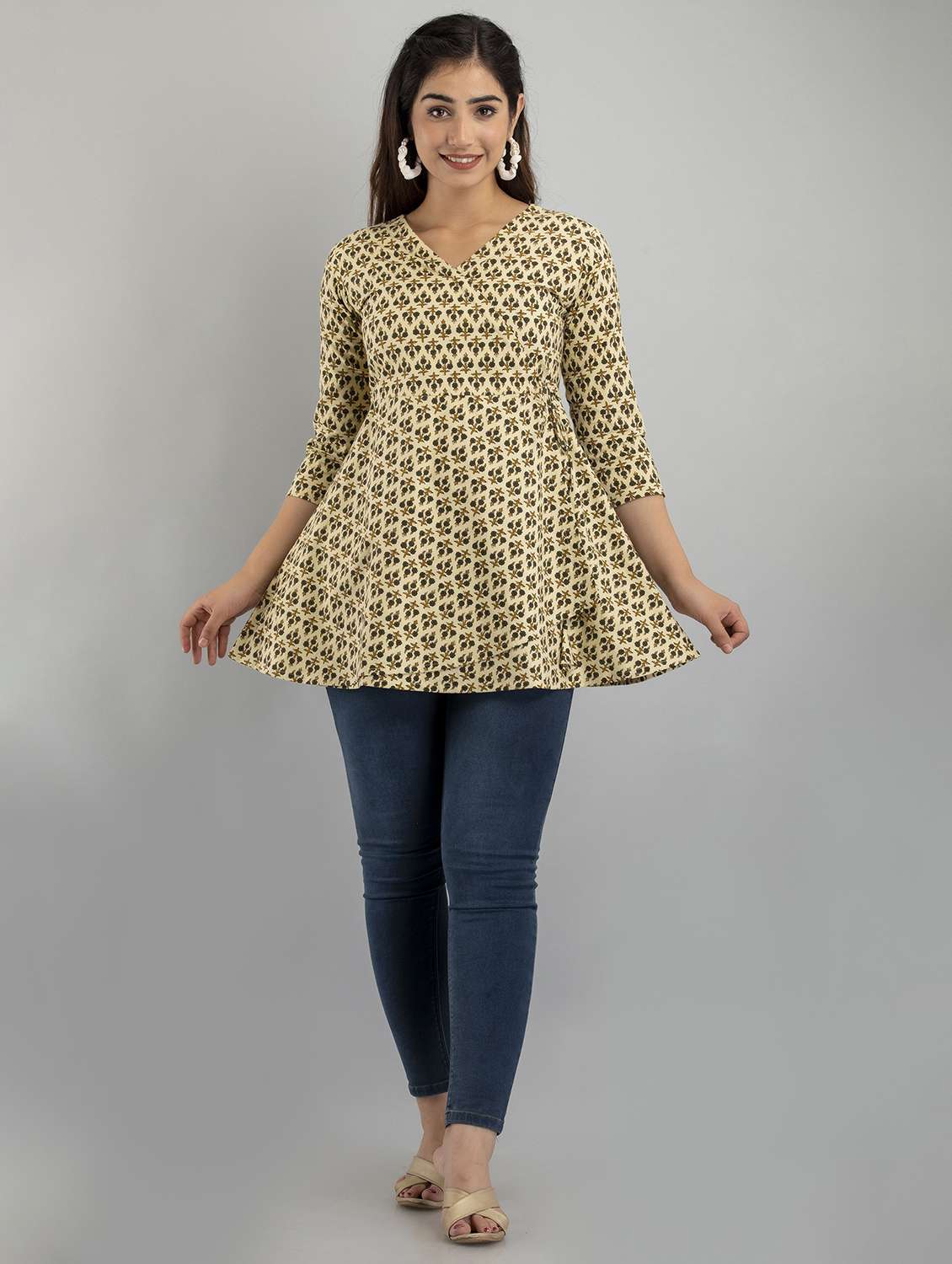 women printed three quarter sleeve angrakha kurti - 21978620 -  Standard Image - 3