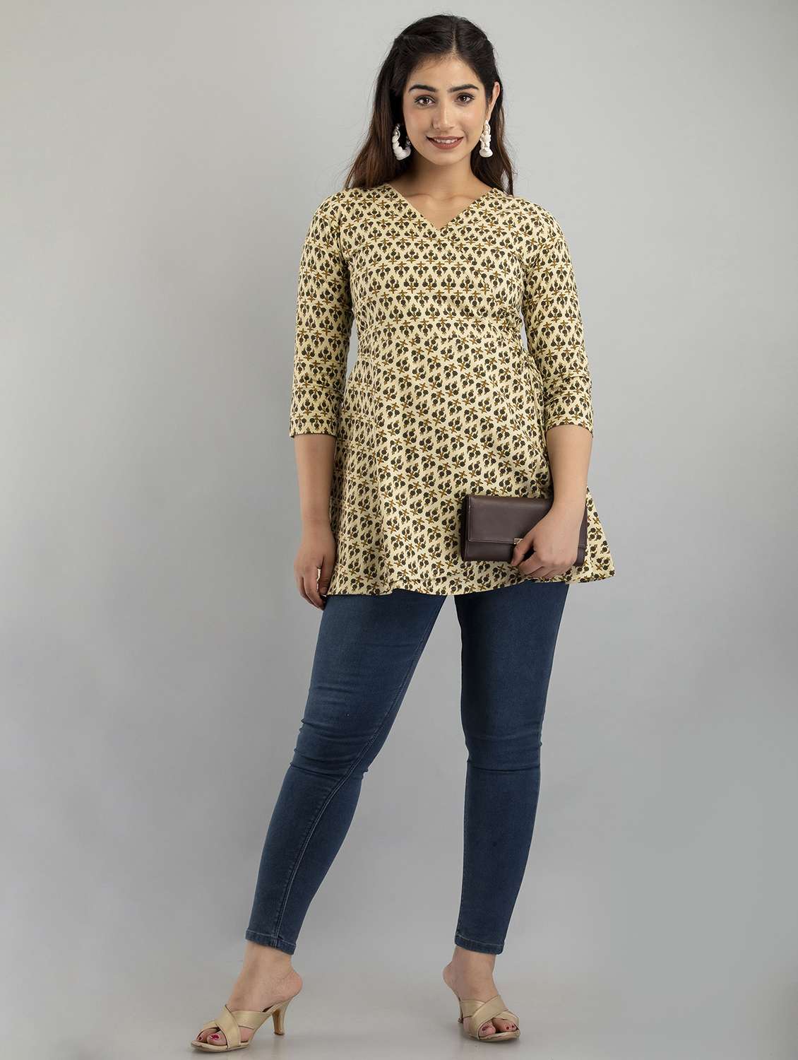 women printed three quarter sleeve angrakha kurti - 21978620 -  Standard Image - 5