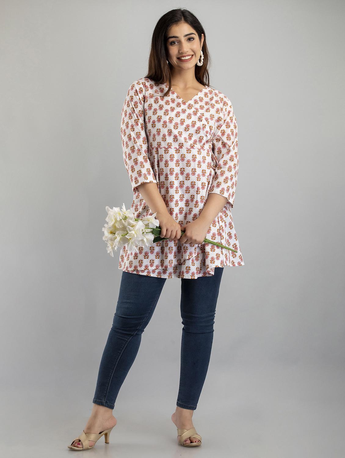 women printed three quarter sleeve angrakha kurti - 21978621 - Standard Image - 3