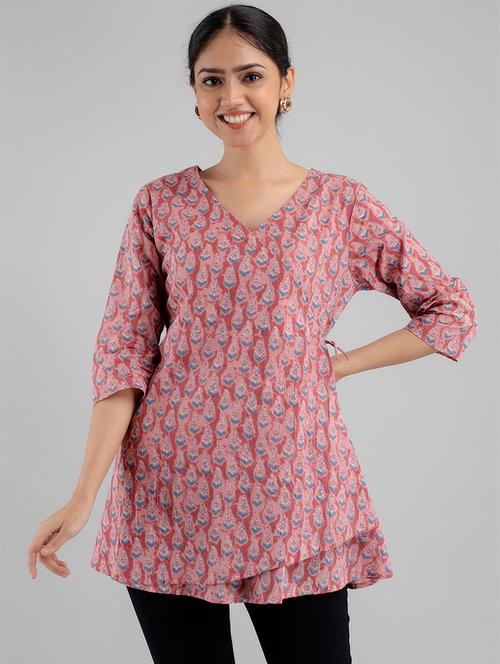 women printed three quarter sleeve angrakha kurti - 21978630 -  Standard Image - 0