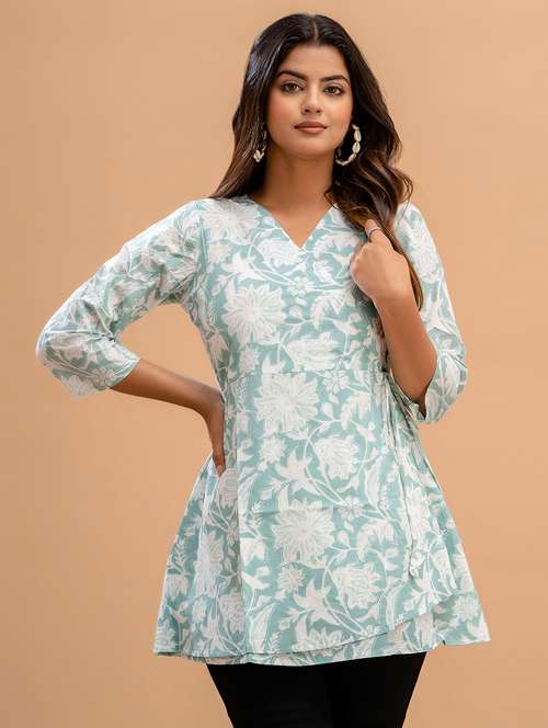 women printed three quarter sleeve angrakha kurti - 21978633 -  Standard Image - 0