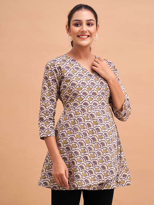 women printed three quarter sleeve angrakha kurti - 21978636 -  Standard Image - 0