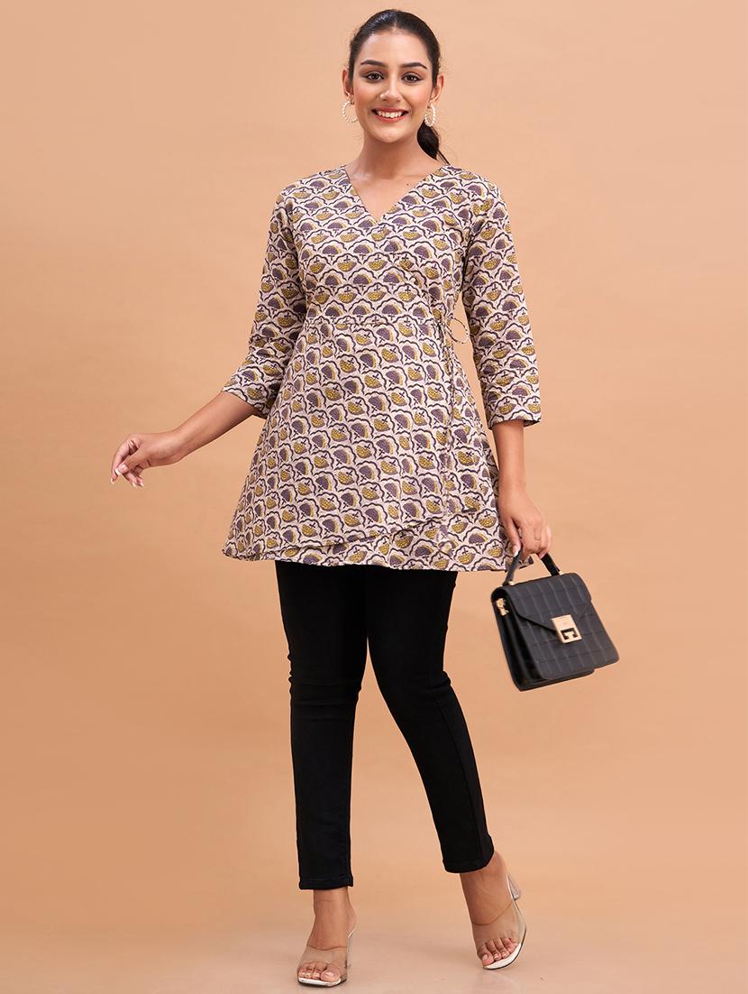 women printed three quarter sleeve angrakha kurti - 21978636 - Standard Image - 5