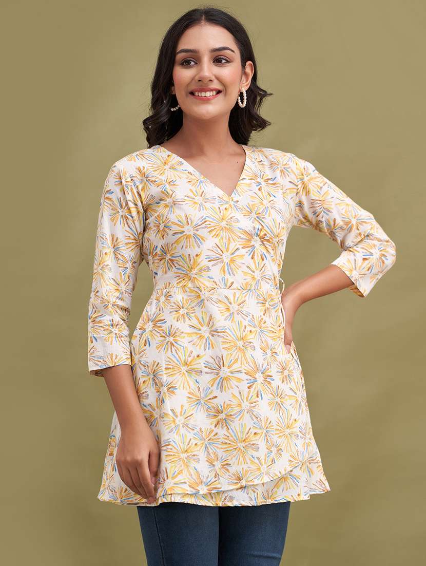 women printed three quarter sleeve angrakha kurti