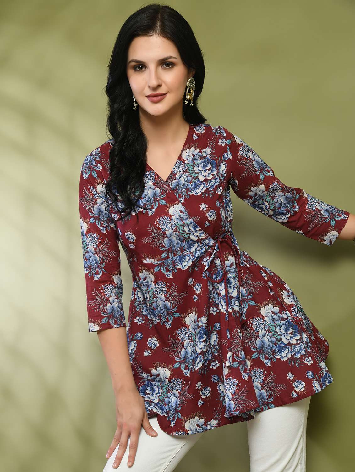 women printed three quarter sleeve angrakha kurti