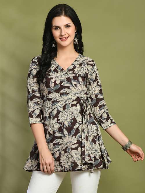 women printed three quarter sleeve angrakha kurti - 21978646 -  Standard Image - 0